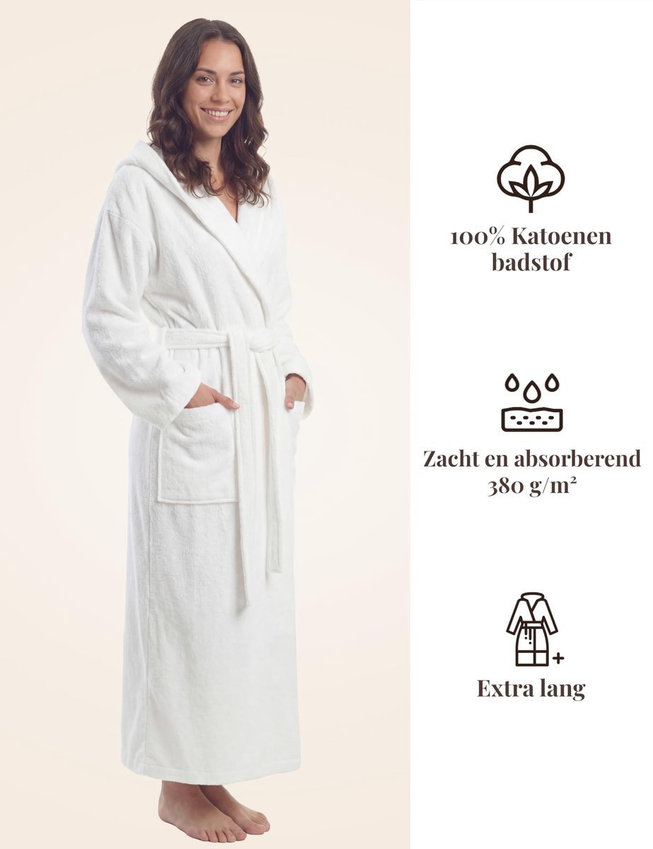 SnelShoppen - Dames Badjas Extra Lang met Capuchon, 100% Katoen Badstof 380 g/m², Wit, S-M Lang voor Thuis, Wellness, en Relaxmomenten