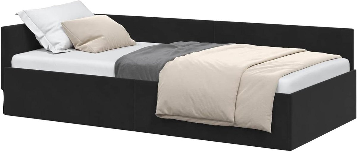 Hoekbed Frame - Bedombouw Hoek - Slaapkamer Inrichten - Verstelbare Hoofdbord - 90 x 200 cm - Zwart
