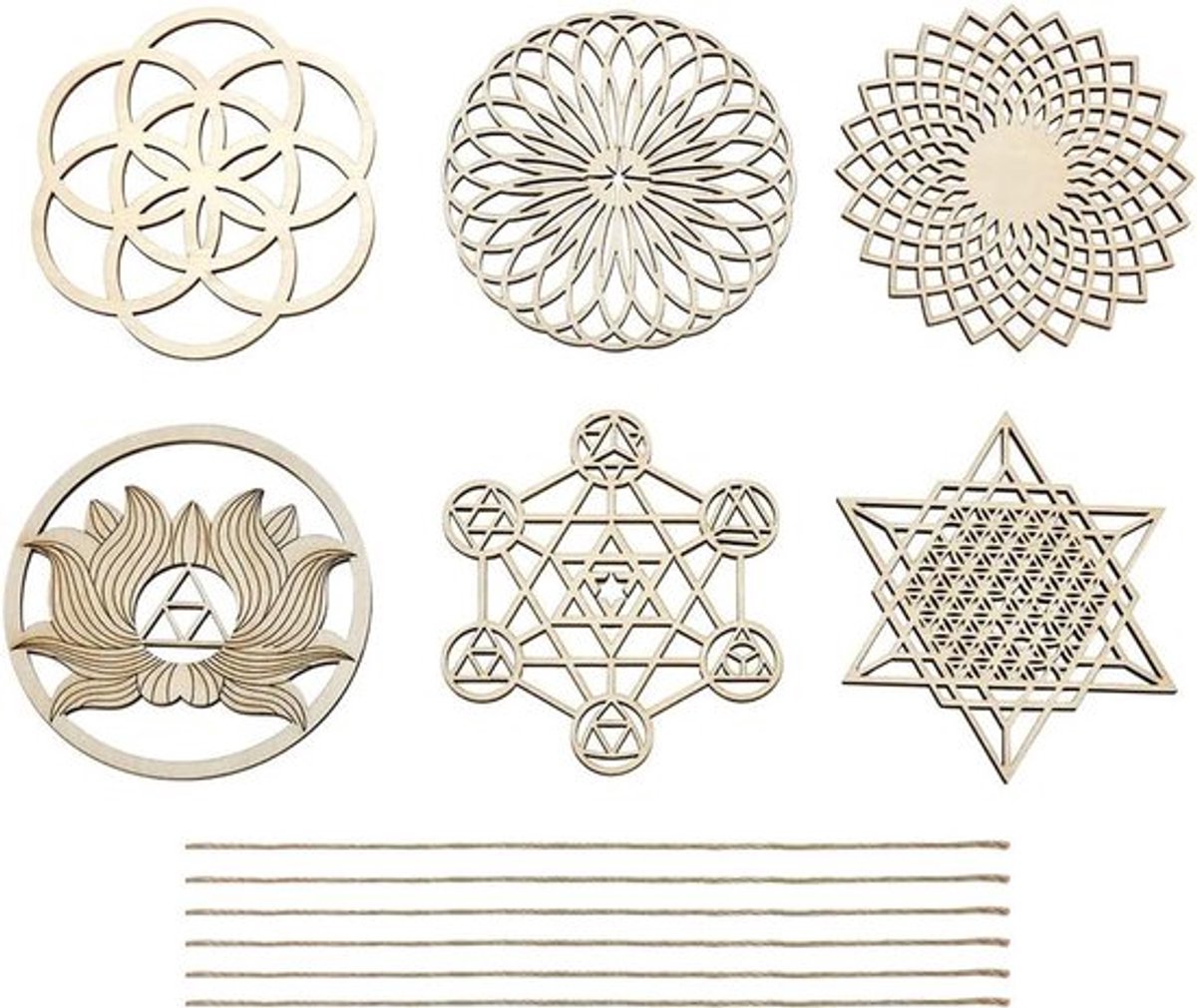 Houten ornamenten set met jute koord voor yoga en meditatie - 6 stuks, 6 verschillende stijlen met chakra symbolen