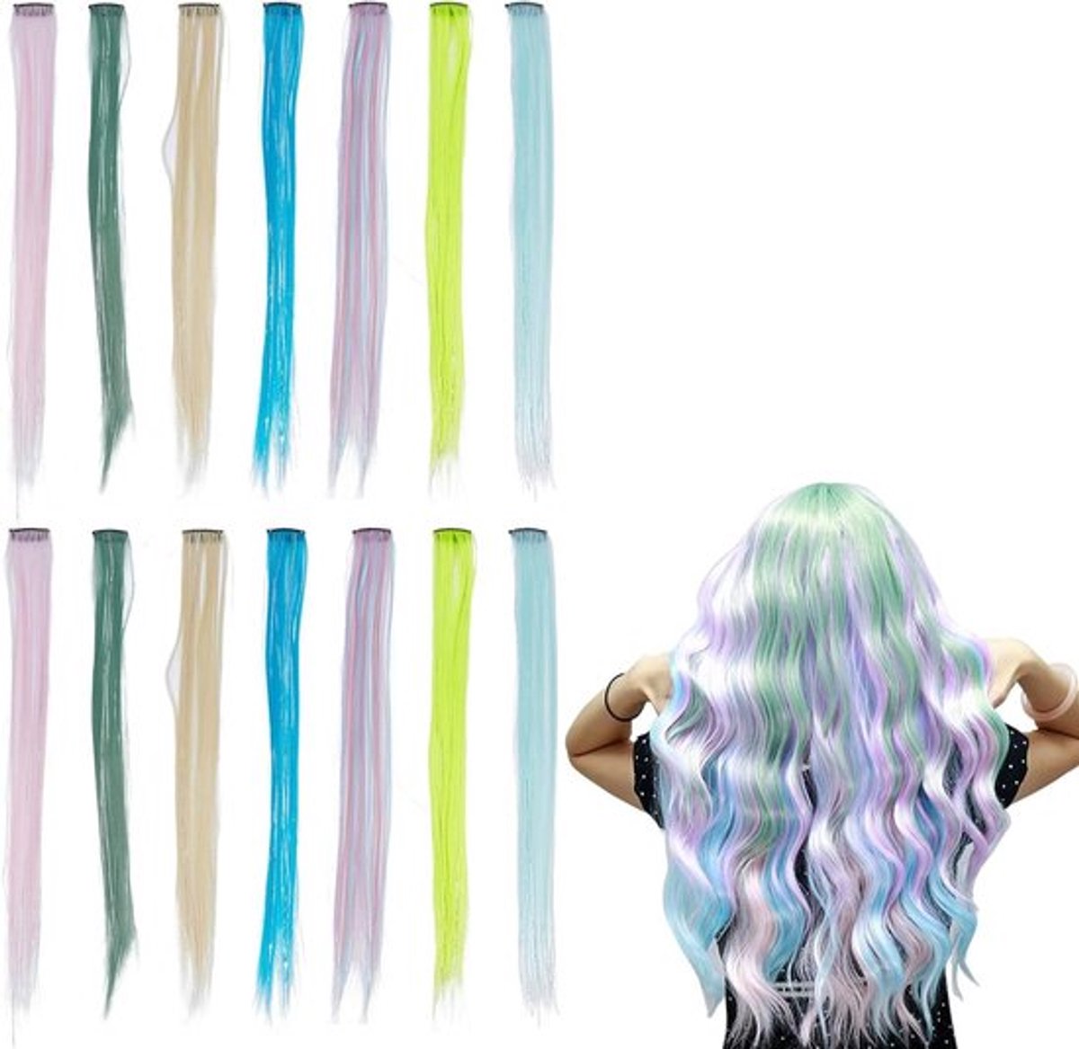 14 stuks gekleurde haarverlengingen 55 cm steil - veelkleurige party highlights - clip-in synthetische regenboog haarstukjes met clips