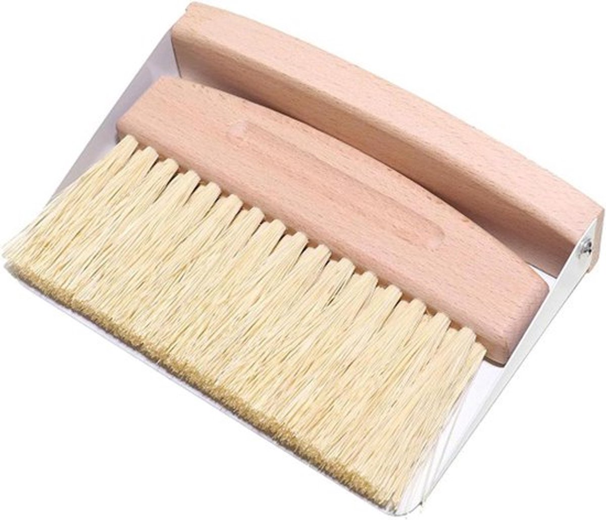 Tafelveegset van hout en metaal voor tafel schoonmaken met mini-stofblik en handveger - nylon borstelharen - wit.