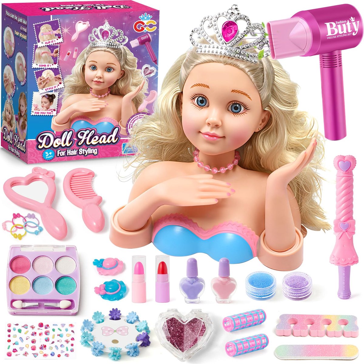 SnelShoppen - G.C Styling Hoofd Pop voor Kinderen - Kappers Set met Speelgoed Haardroger, Meisjes Make-up, Peelable Nagellak en Spiegel - Verjaardag G