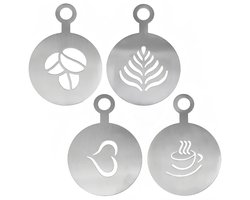 Dailygoods- Koffie Stencil 4 Stuks - Roestvrij Staal - Latte Art - Cappuccino Sjablonen - Cake Decoratie - Antislip Ontwerp - 12 cm x 8,5 cm - Koffiesjabloon