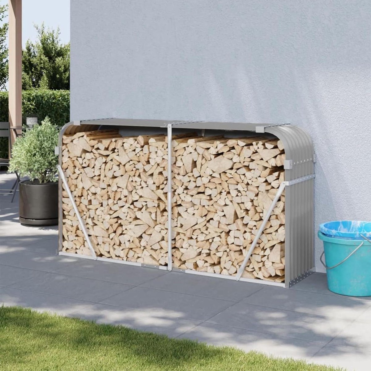 Brandhout Opslagrek - Haardhouthouder Buiten - Droog Hout Bewaren - Verzinkt Staal - 180 x 45 x 100 cm - Lichtgrijs