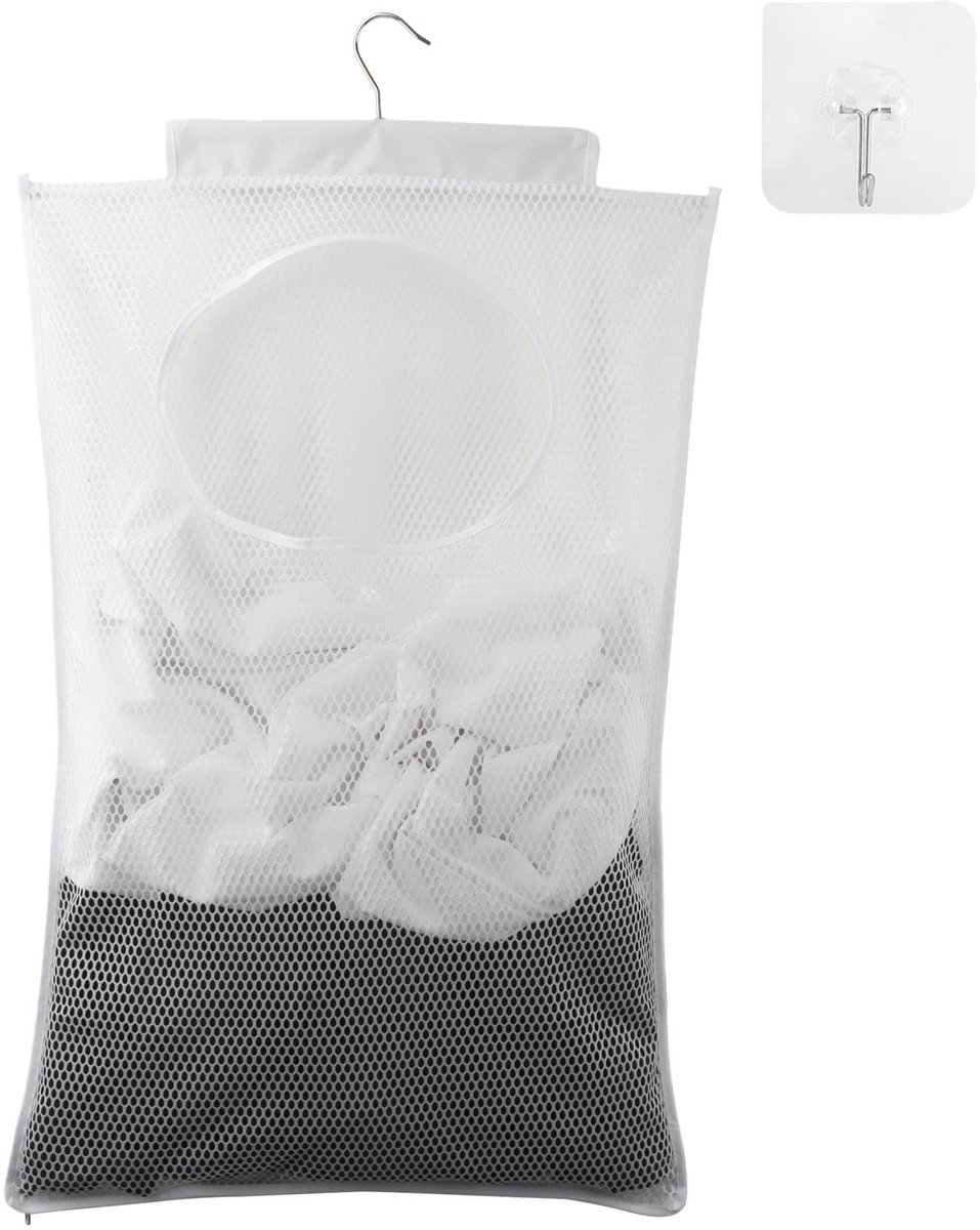 Dailygoods - Duurzame waszak - Op te hangen wasmand - Doorzichtige mesh-polyester - Wit - Zelfklevende haken - Perfect voor organisatie - Ideaal voor...