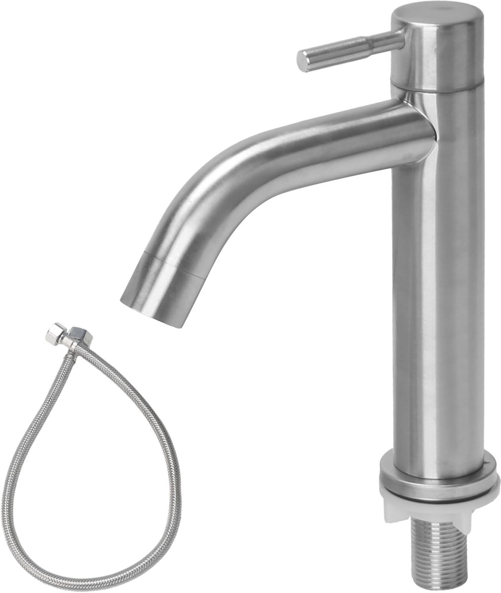 Dailygoods - Koudwaterkraan - Wastafelmengkraan - Eenvoudig te installeren - Zilver - Roestvrij staal - Flexibele slang - Geschikt voor badkamer en ke...