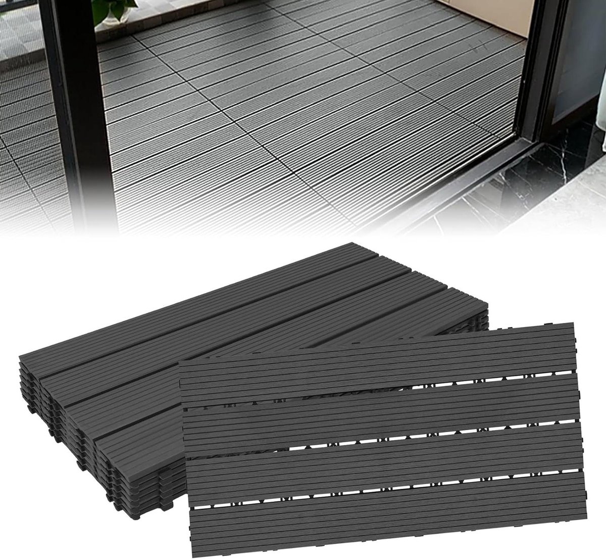 WPC Terrastegels - Houtcomposiet Tegels Balkon - Buitenruimte Aankleden - Waterfilterend Drainagerooster - 30x60cm 12 Stuks - Antraciet