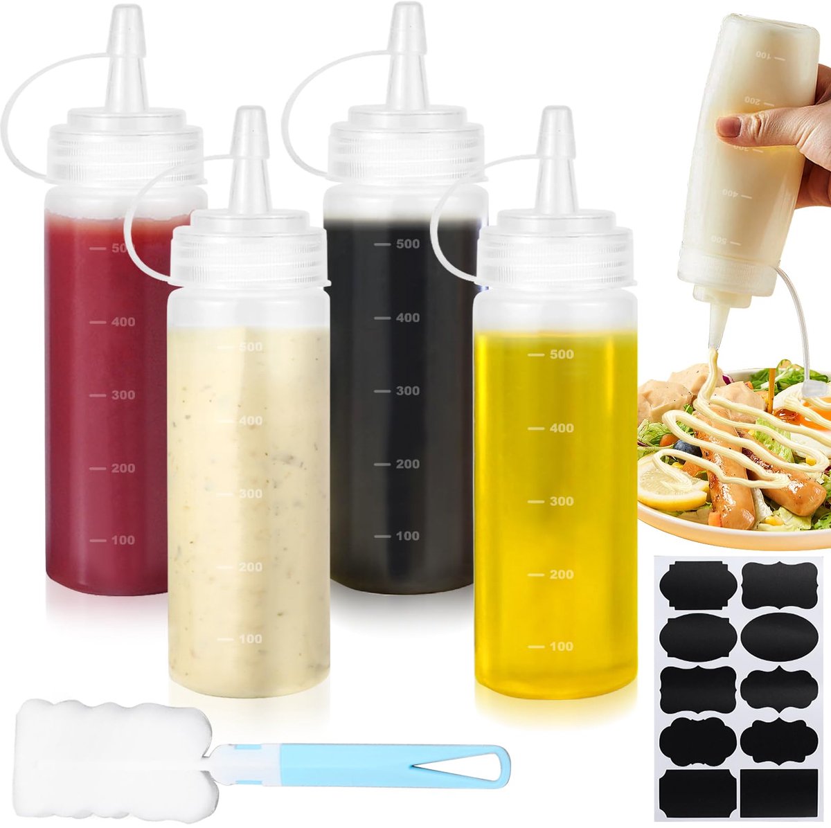 Dailygoods - 4 Stuks Squeeze Flessen - 500ml Flessen voor Sauzen met Reinigingsborstel