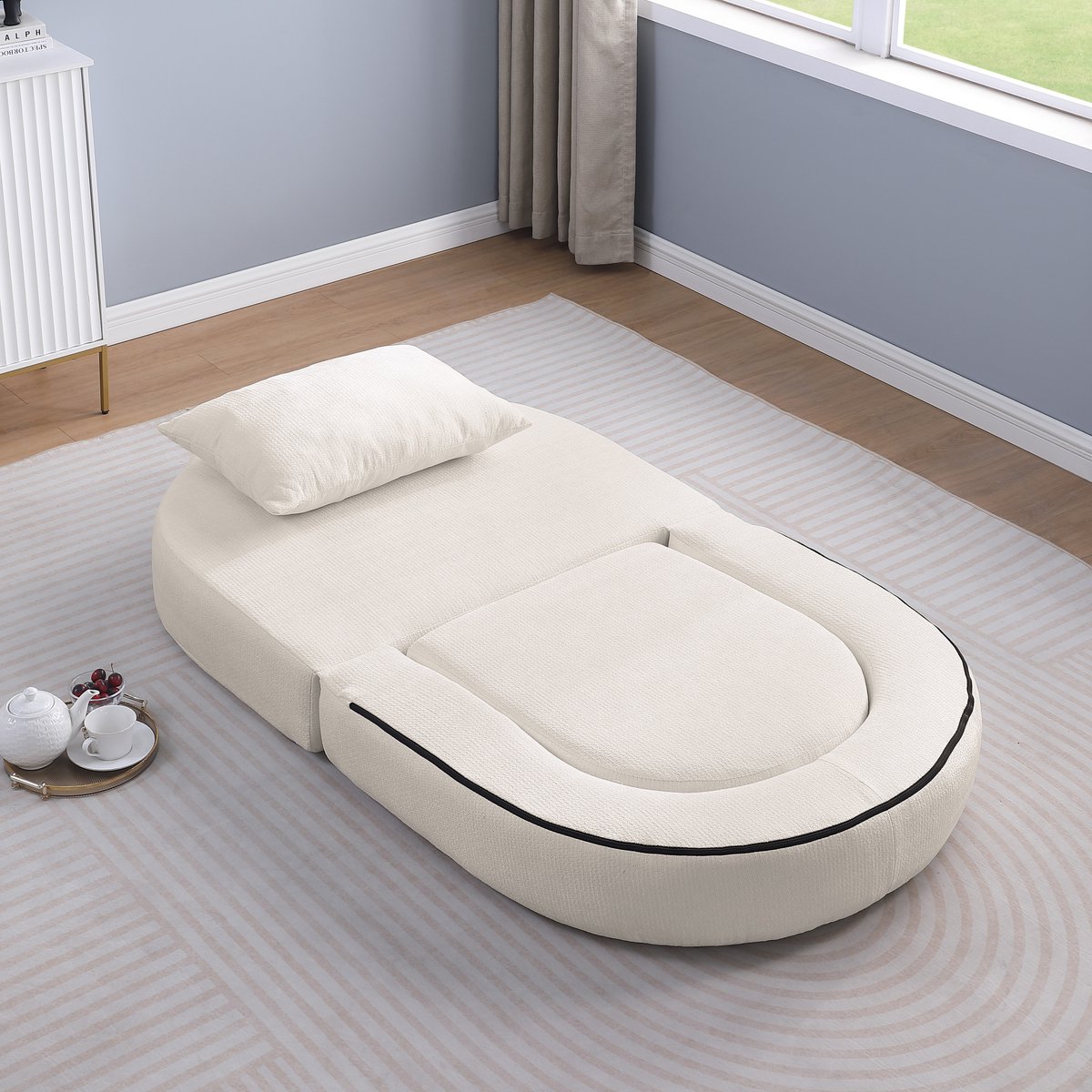 COVREO Slaapbank 101x90x41 cm beige chenille - opvouwbaar 1-zits met kussen