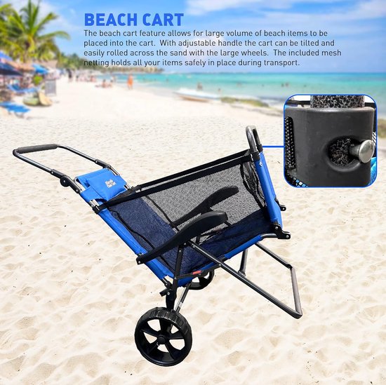 Strandkar Stoel - Strandwagen Opvouwbaar - Strandtransport en Ontspanning - 2-in-1 Functie - Grote Wielen - Blauw — afbeelding 2