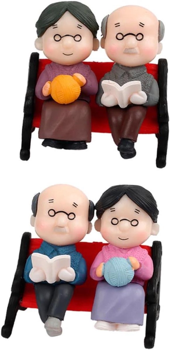 Mini Parkbank Set - Opa Oma Beeldjes - Miniatuur Tuin Decoratie - Hoge Simulatie Ontwerp - 5.5x5.0x3.5cm - Diverse Kleuren