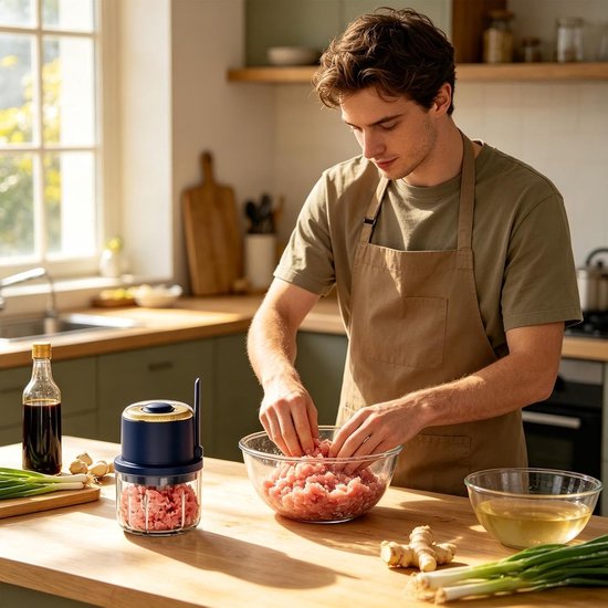 Elektrische Mini Chopper - Keuken Gadget - Snel Ingrediënten Hakken - Draadloze Flexibiliteit - 350 ml Capaciteit - Blauw — afbeelding 2