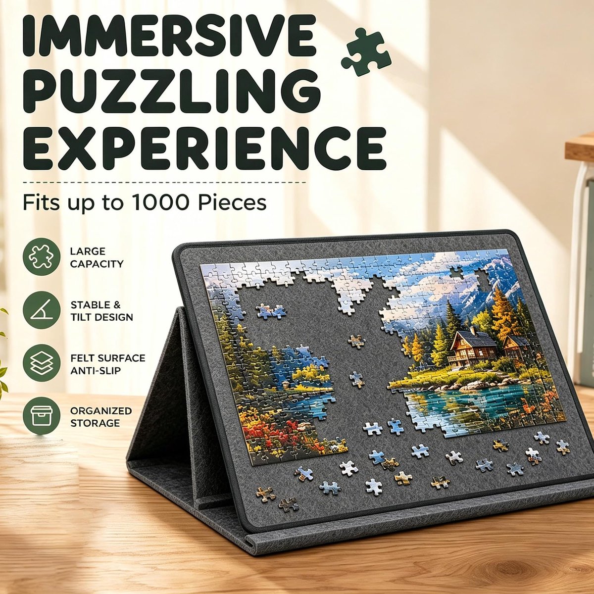 Draagbaar Puzzelbord - Puzzelmat Platform - Puzzelen Organiseren - Met 6 Sorteervakken - 79 x 58 cm - Grijs