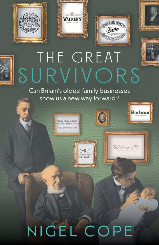 Couverture du livre 'The Great Survivors'. Des hommes âgés et un bébé sont montrés avec les logos d'entreprises familiales britanniques.