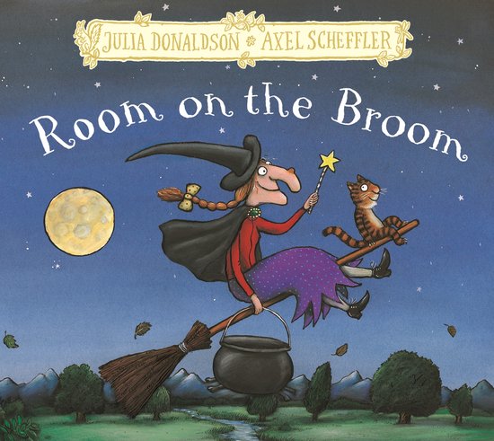 Couverture du livre 'Room on the Broom' avec une sorcière sur un balai, son chat et un chaudron, sous une pleine lune.