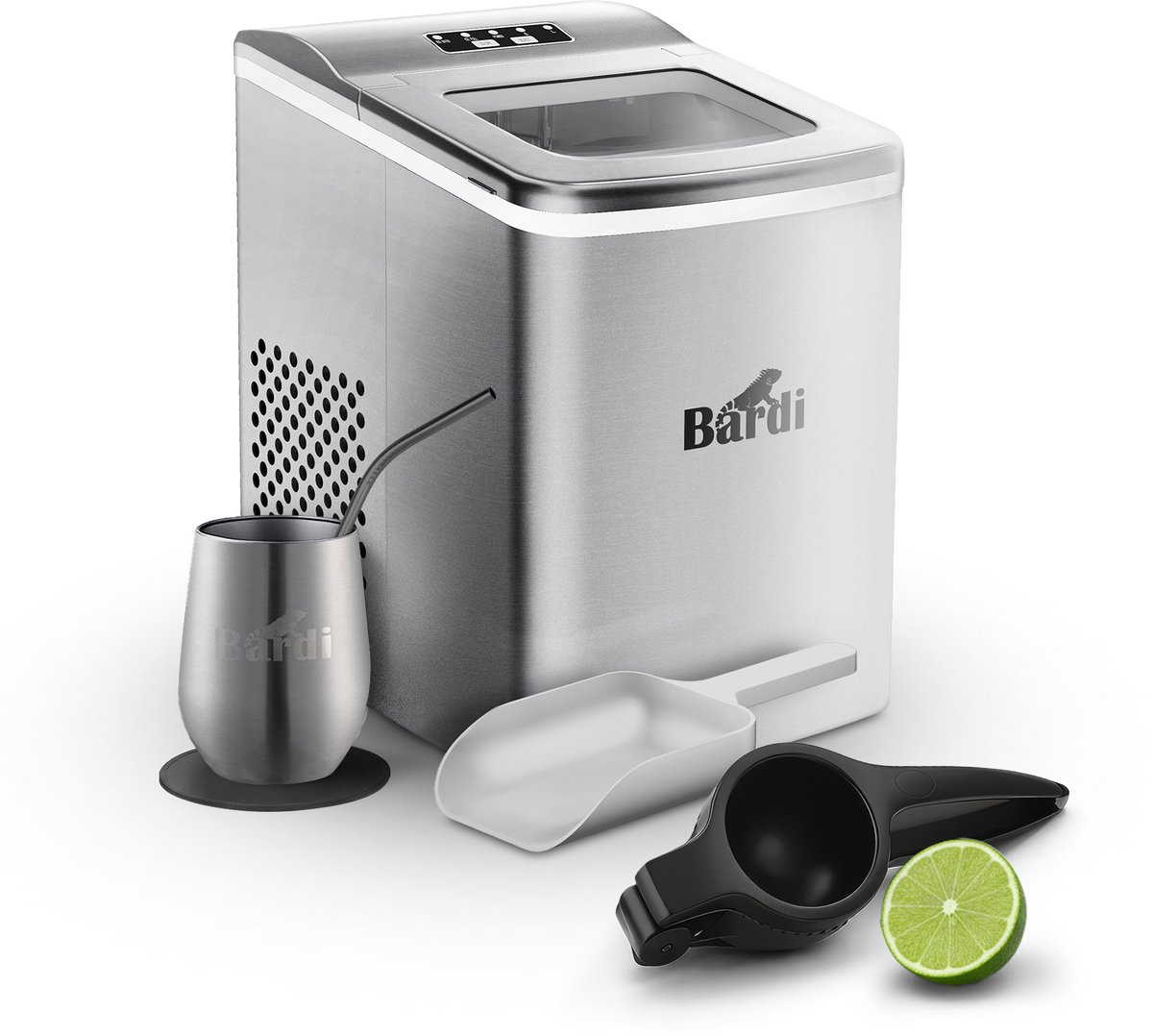 Bardi IJsblokjesmachine Set - 2 Liter - 12KG IJsblokjes in 24 uur - met IJsschep - Inclusief 1 Luxe Thermosbeker - RVS - Citruspers Zwart