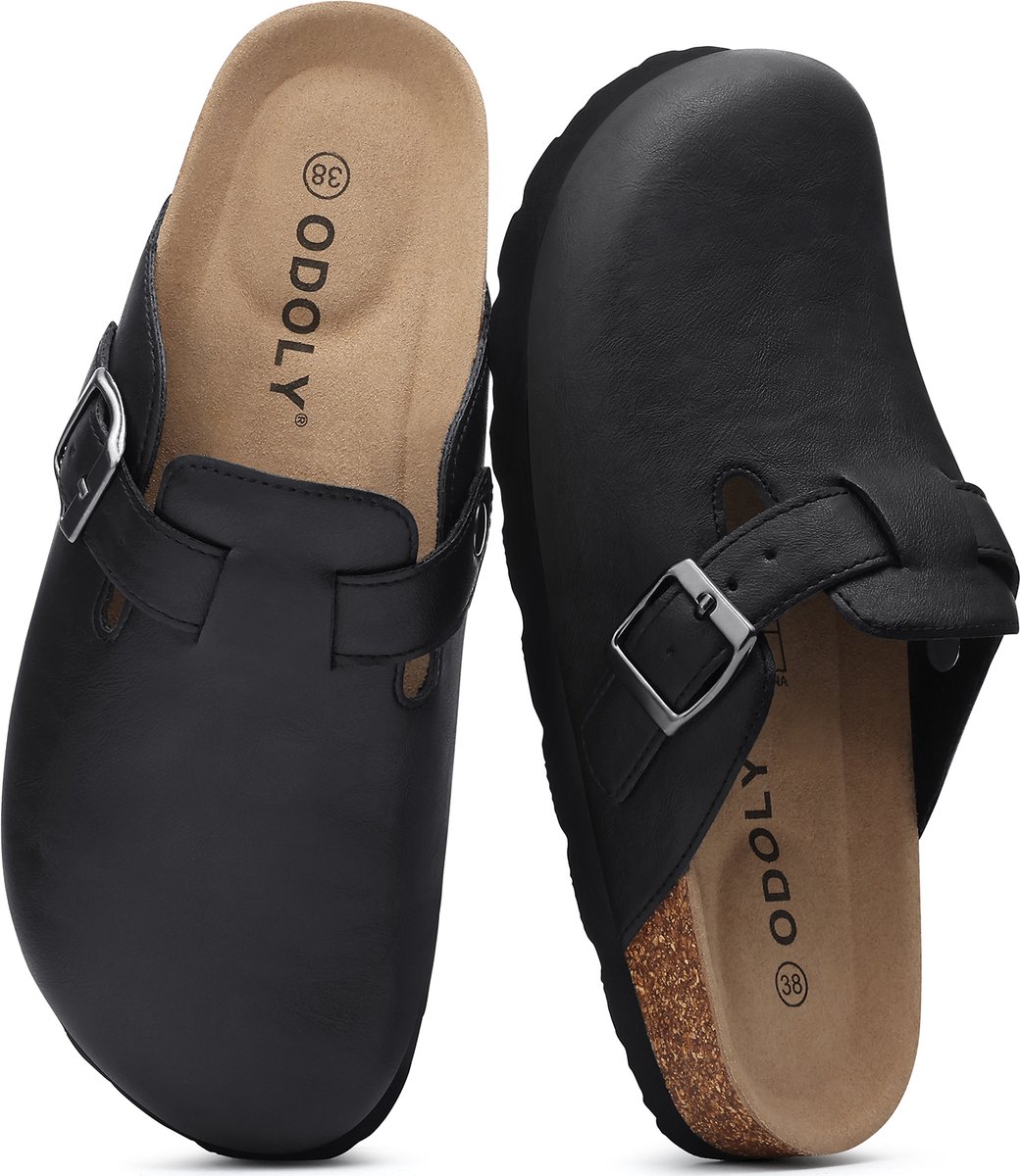 Unisex clogs – Veganistisch Leer – Comfort slippers – Houten clogs – Zwart - 36- Geschikt voor een voetlengte van 22 cm