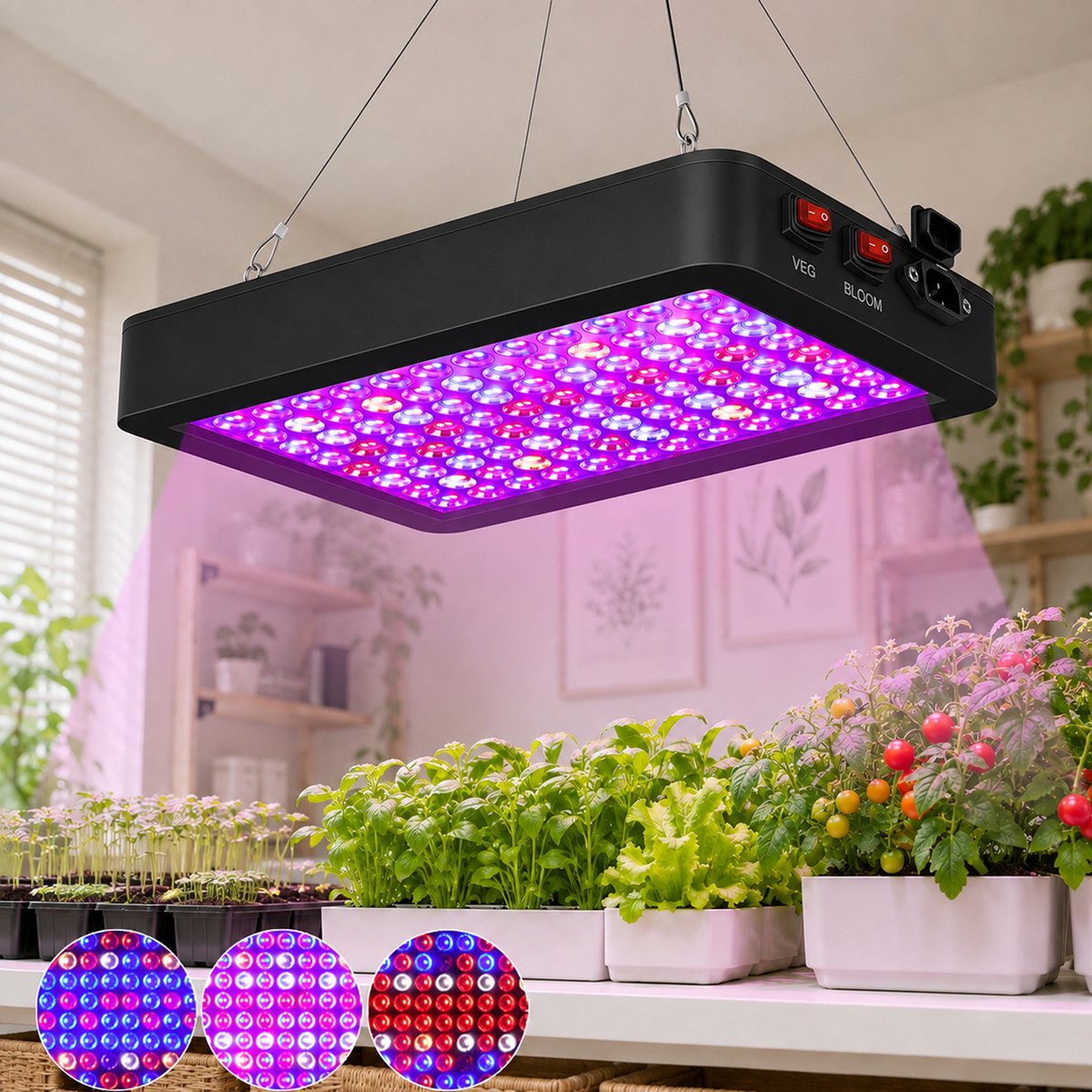 Rosnek LED Kweeklamp - Full Spectrum Groeilamp voor Planten - VEG/BLOOM Dubbele Schakelaar - Hangend Paneel met Verstelbaar Ophangsysteem - Plantenlamp voor Kamerplanten en Zaailingen - 88 W - Zwart
