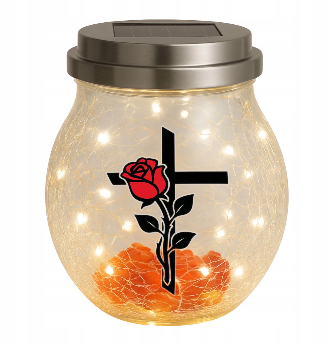 Merkloze Zonne-lantaarn Grafsteen Decoratie met LED Licht - Kruis & Roos