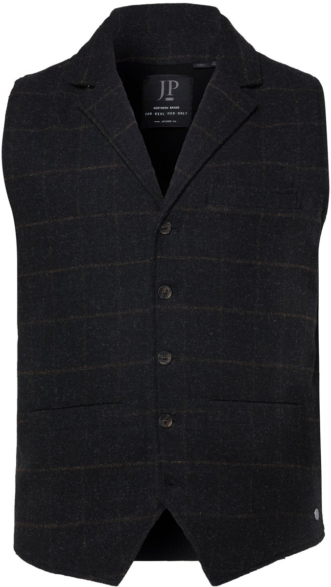 JP 1880 - Heren - Tweed gilet FLEXNAMIC® geruit wolmix revers tot 8XL - Zwart - Maat XXL
