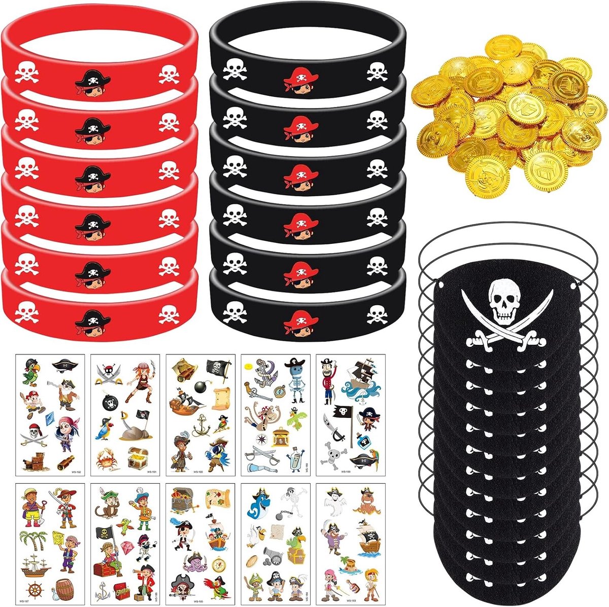 Piratenfeest Cadeau voor Kinderen met Siliconen Armband, Ooglap, Munten, Tatoeages en Kostuumaccessoires voor een Onvergetelijk Verjaardagsfeest