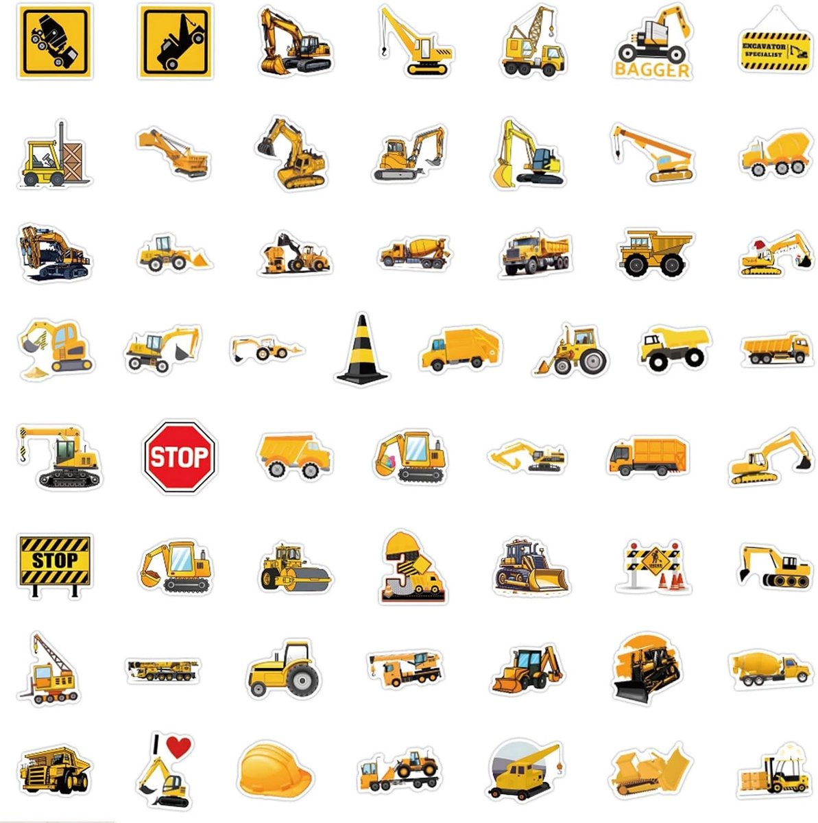 Thijox - Bouwvoertuigstickers Set - 55 Waterdichte Vinyl Stickers voor Kinderen en Volwassenen - Graafmachines, Auto's, Skates, Laptops, Koffers, Helm
