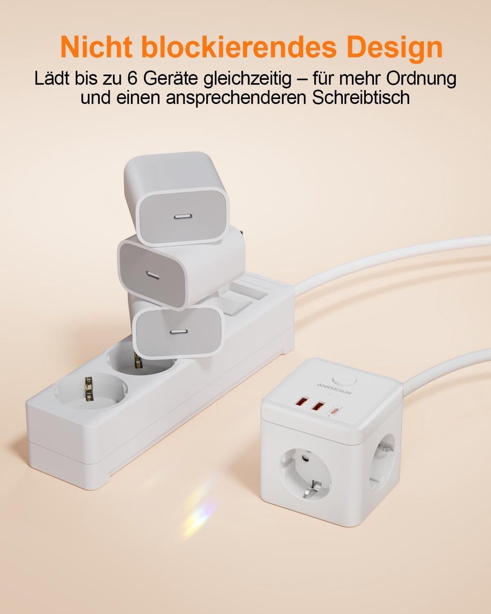 Stekkerdoos met USB C PD 20W Snelladen - Wit - 2 m Kabel - 3-voudige Stekkerdoos met Schakelaar - Voor Thuis, Kantoor en Reizen
