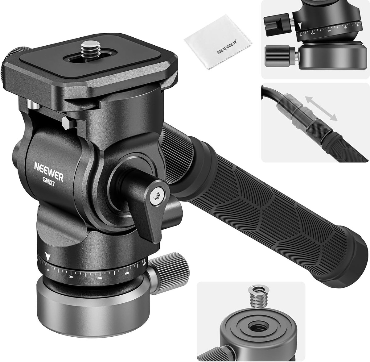 Statief vloeistofkop met + - -10° nivelleringsbasis - metalen drag pan tilt hoofdhouder met Arca type snelwisselplaat - telescopische handgreep - reinigingsdoek voor compacte DSLR camera - cam - max
