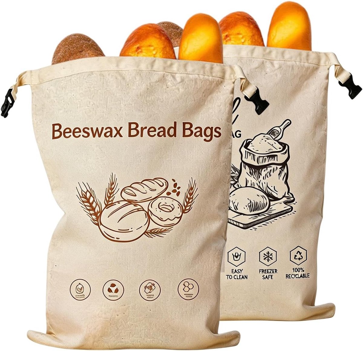 Bijenwas Broodzakken - Natuurlijk - 43 x 32 cm - Katoenen Opbergzak met Drukknop - Voor Brood, Baguette, Fruit en Groenten
