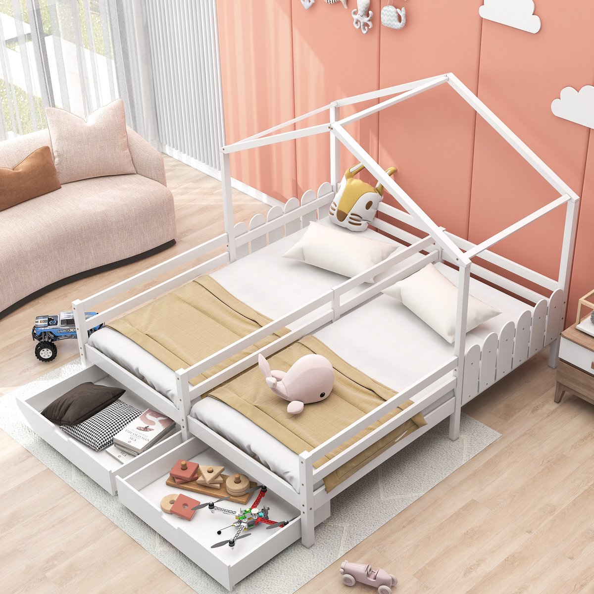 Kinderbed - voor matras 90 x 200 cm - wit - met USB-aansluiting en opbergruimte en lattenbodem - matras niet inbegrepen - voor de slaapkamer