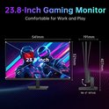 23.8-inch gaming monitor met afmetingen en kantelfunctie. Toont twee figuren met helm op het scherm.