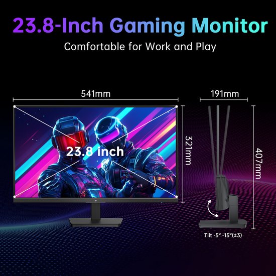 23.8-inch gaming monitor met afmetingen en kantelfunctie. Toont twee figuren met helm op het scherm.