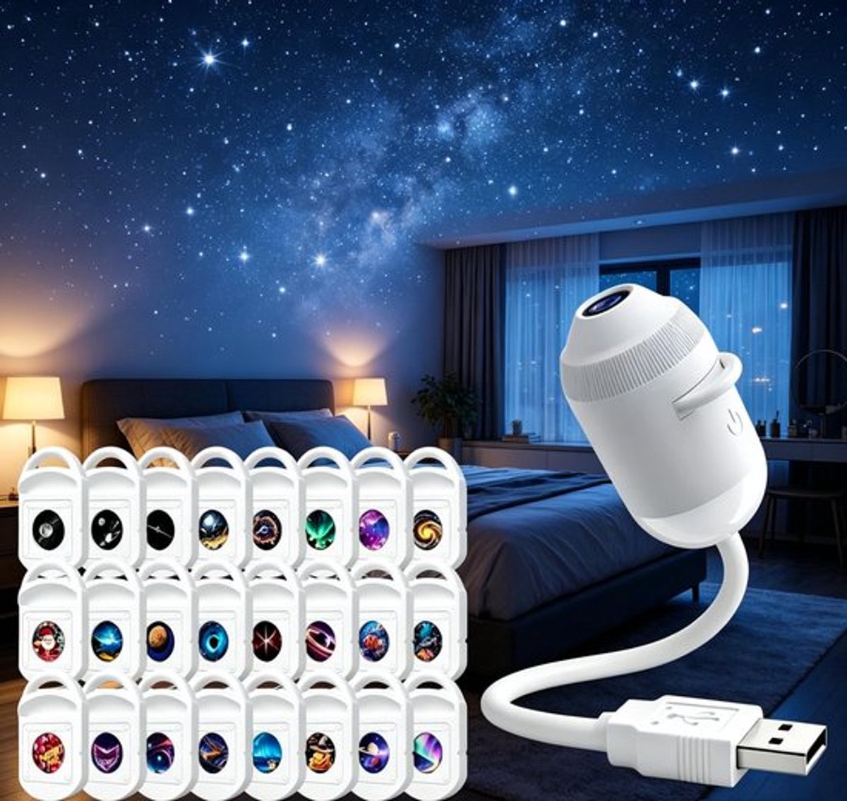Kraftverdia® 2-in-1 Sterrenprojector & Nachtlampje - 24 Verwisselbare Films - 360 graden Flexibel - USB - Melkweg & Sterrenstelsel - Wit