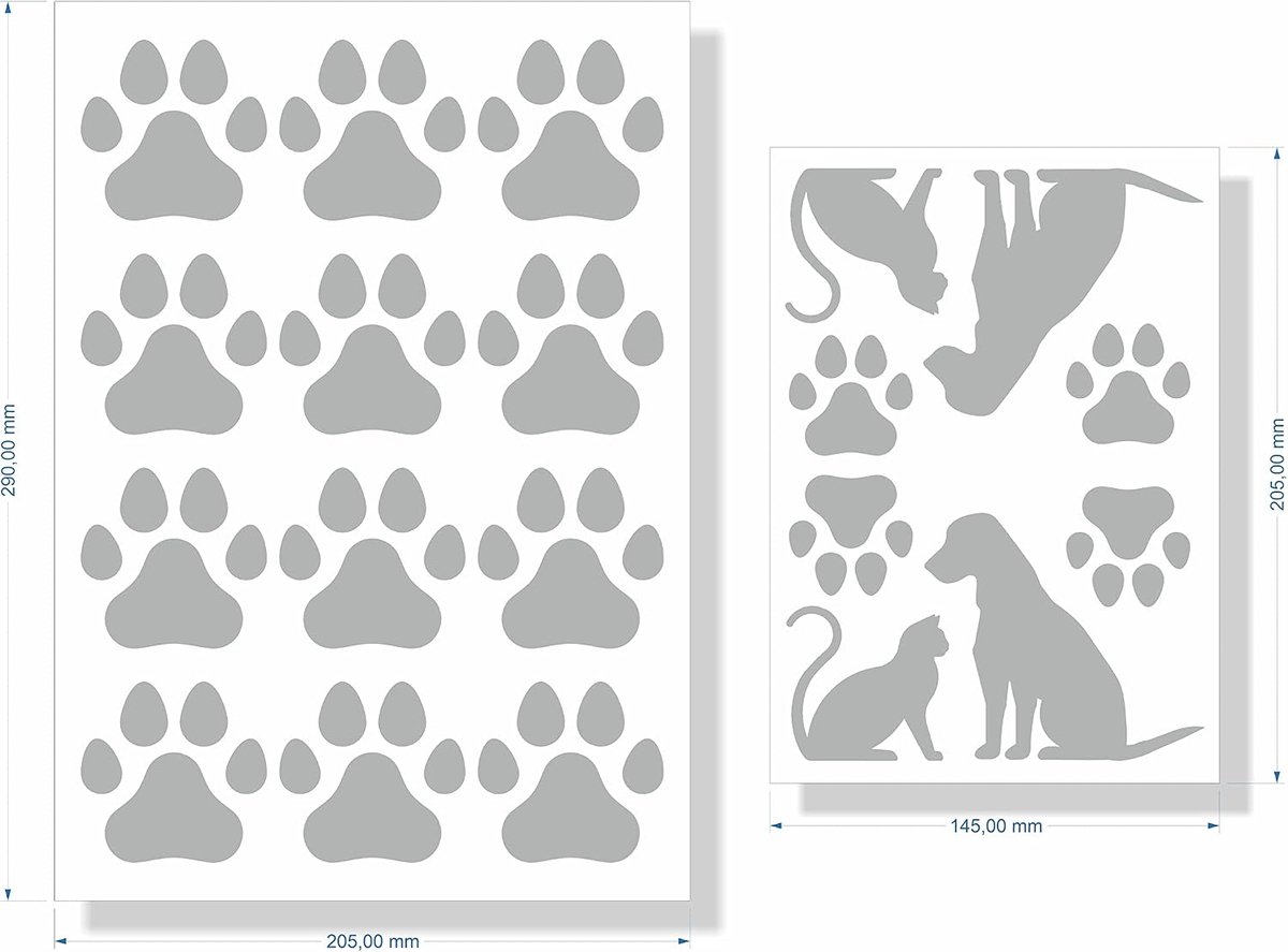 Set van 18 hondenpoten + kattensilhouet, waterdichte stickers voor auto, motorfiets, caravan, muur, laptop, meubels