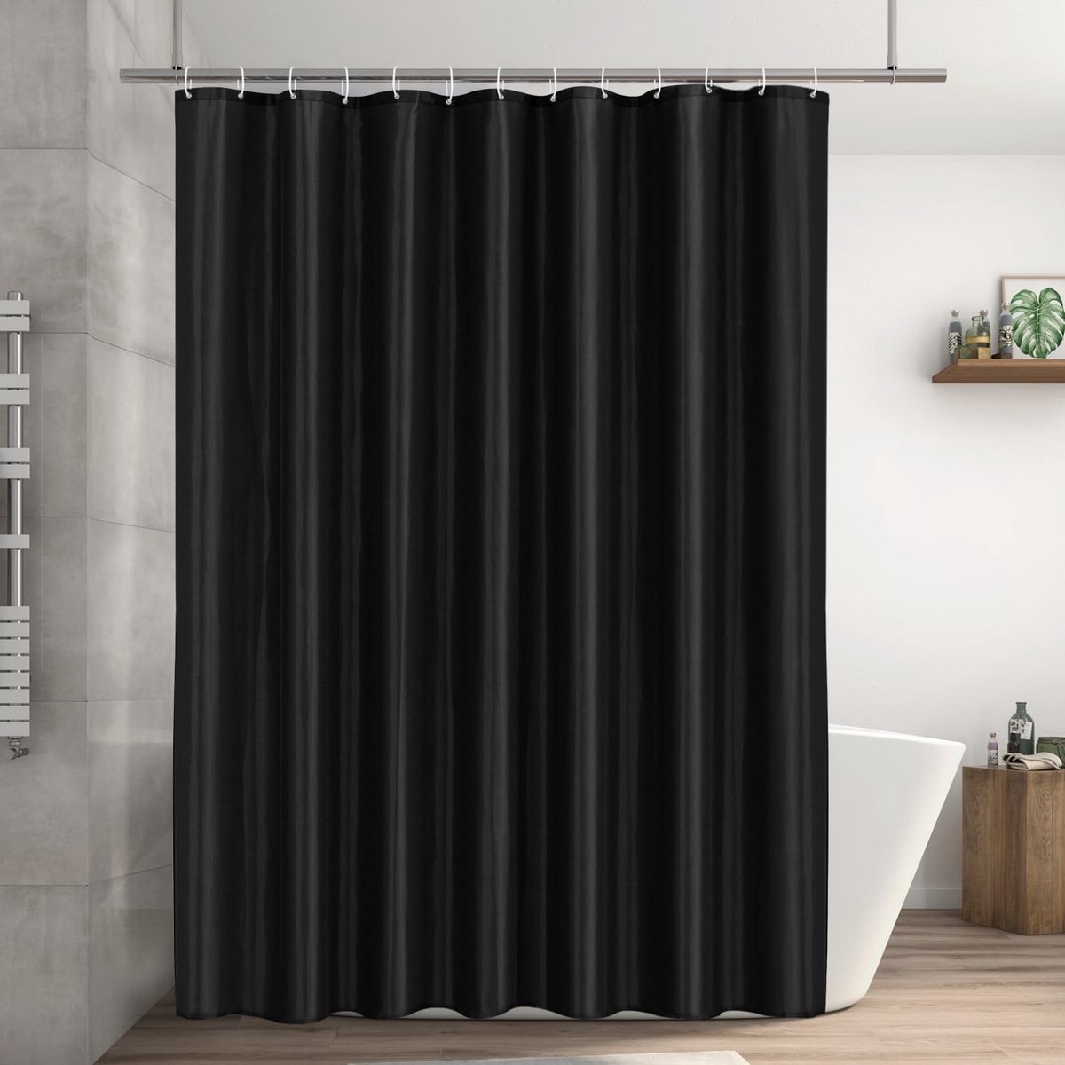 Polyester textiel, schimmelwerend, voor badkamer, gordijn voor bad, douche, waterdicht, wasbaar, douchegordijn met 13 haken, zwart