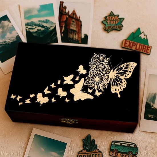 Arricraft 1 stuk houten geheugen aandenken doos, bloemen en vlinders gegraveerd patroon rechthoekige grenen tarotdoos voor jubileum sieraden bord opslag (22,9 x 13,5 x 19,5 x 9,5 cm) — afbeelding 4