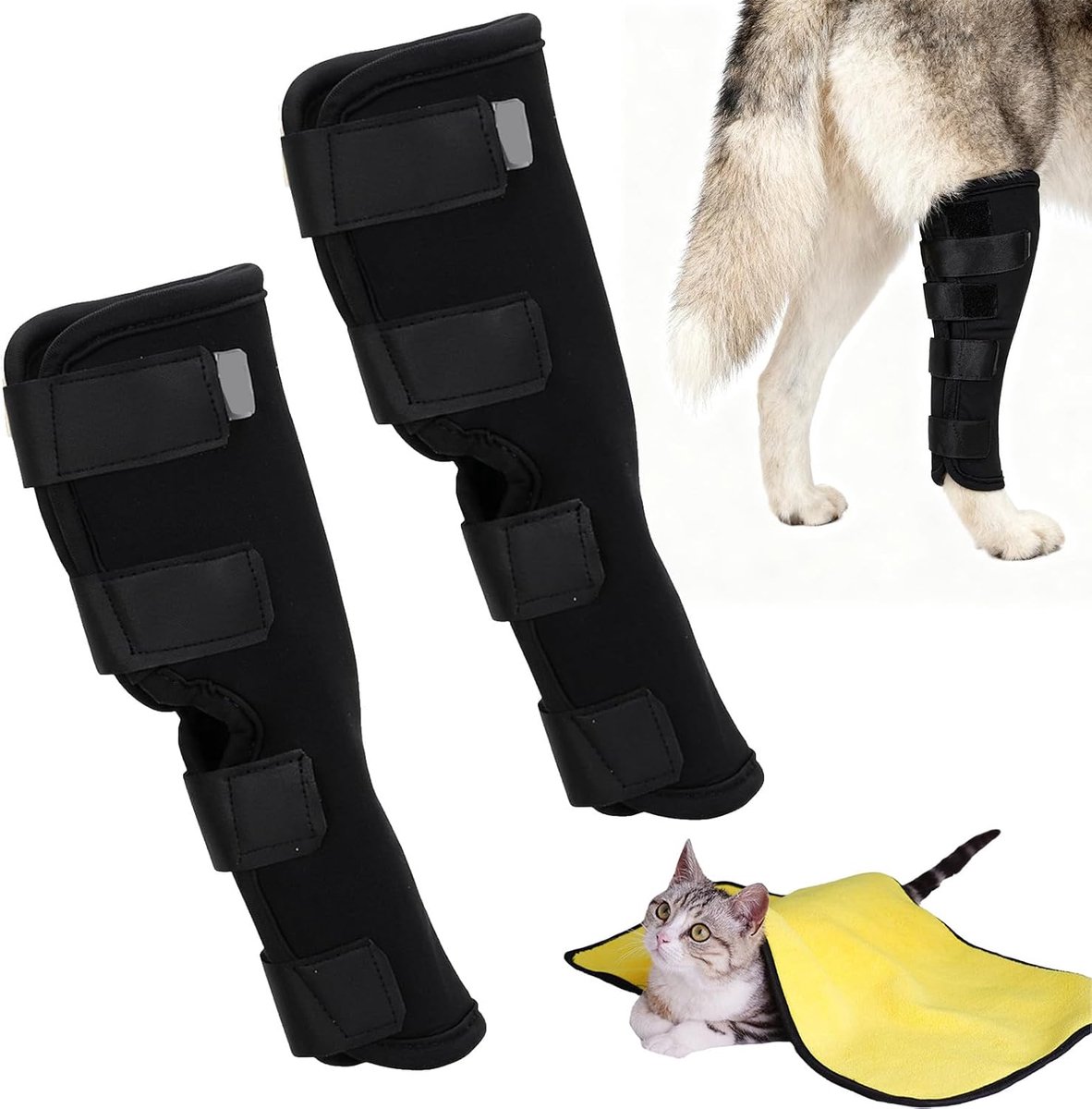 3-delige hondengewrichtsbandage set met 2 x beenbeschermers zwart XL en 1 x dubbelzijdige huisdierhanddoek geel grijs, lekbescherming voor voor- en achterbeen
