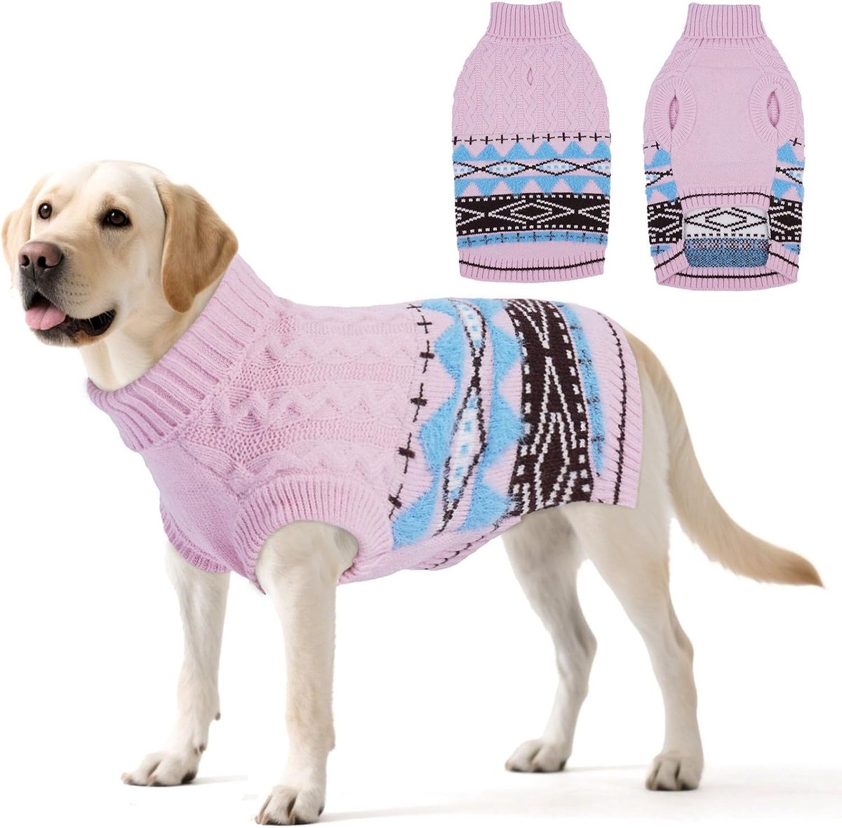 Hondentrui voor grote honden, Fair Isle pullover voor hond met tuigopening, kersttrui, elastische hondentrui, wintersweater voor windhond, bordercollie, roze, XL