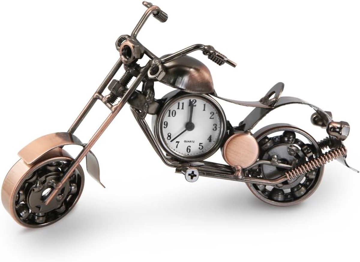 Motormodel met klok, retro koperen moto-ijzeren kunst metalen motorfiets beeldje ornamenten collectie plank klok thuiskantoor decor cadeau voor kind jongen man vader vaderdag verjaardag