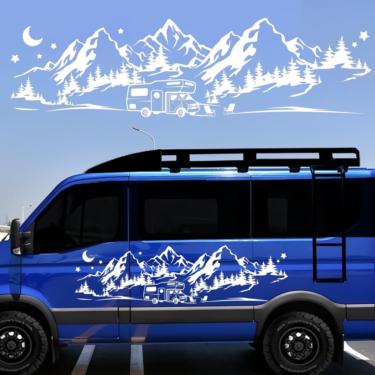 Bergbos, camperstickers, waterdichte vinylstickers voor auto, coole autostickers, lichaam, zijdeur, kofferbak, decoratie voor camper, caravan, vrachtwagen, SUV, sedan, wit, 100 x 28 cm
