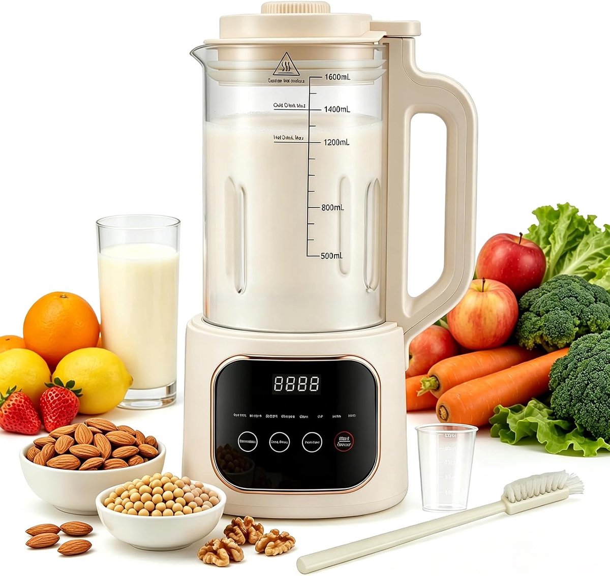 Automatische sojamelkmachine, 1600 ml notenmelkmaker met 20 messen, LED-display, 24-uurs timer, zelfreinigende functie, voor zelfgemaakte plantaardige melk zoals soja, amandel, haver