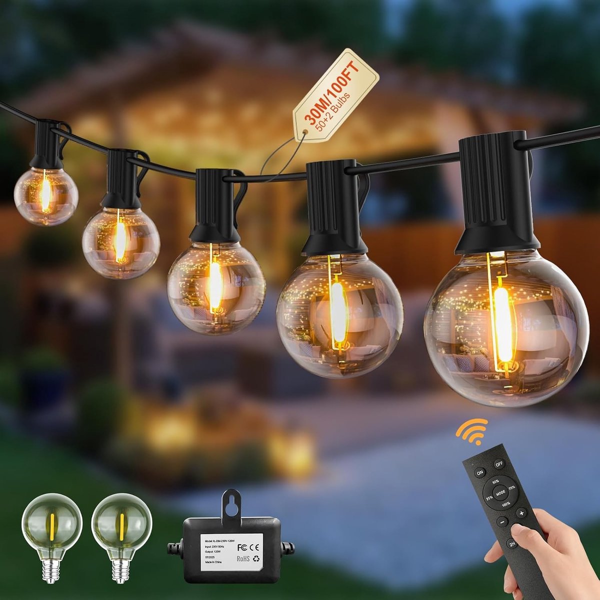 Tuinverlichting buiten lichtsnoern - Zwart - G40 30 meter - Dimbare LED lichtketting met afstandsbediening - Voor tuin en terras