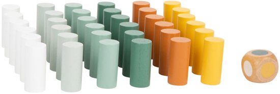 Cylindres en bois dans des couleurs pastel blanc, vert, orange et jaune, à côté d'un dé en bois avec des points pastel.