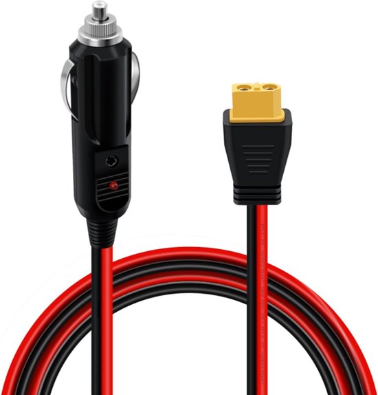 Een XT60 naar auto-aansteker kabel, met rode en zwarte draden, op witte achtergrond.