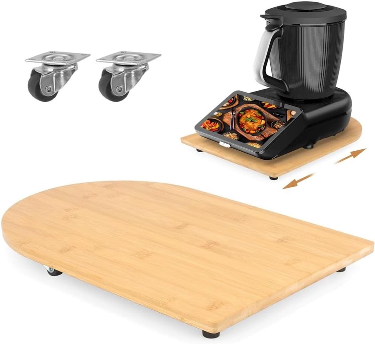 Bamboe glijplank met 360° wielen en antislip rubberen voetjes voor Thermomix - Bescherm je werkblad, eenvoudig verplaatsen en veilig gebruik met accessoires in natuurlijke houtkleur