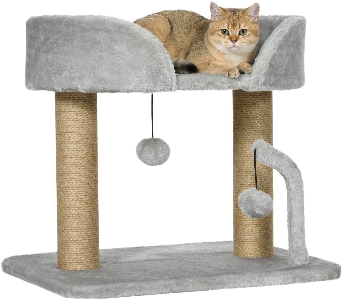 Modieuze krabpaalset – inclusief 2 hangende pluizenbolletjes – 2 sisalpaaltjes + pluche platform – 48 x 38 x 42 cm – grijze sisal