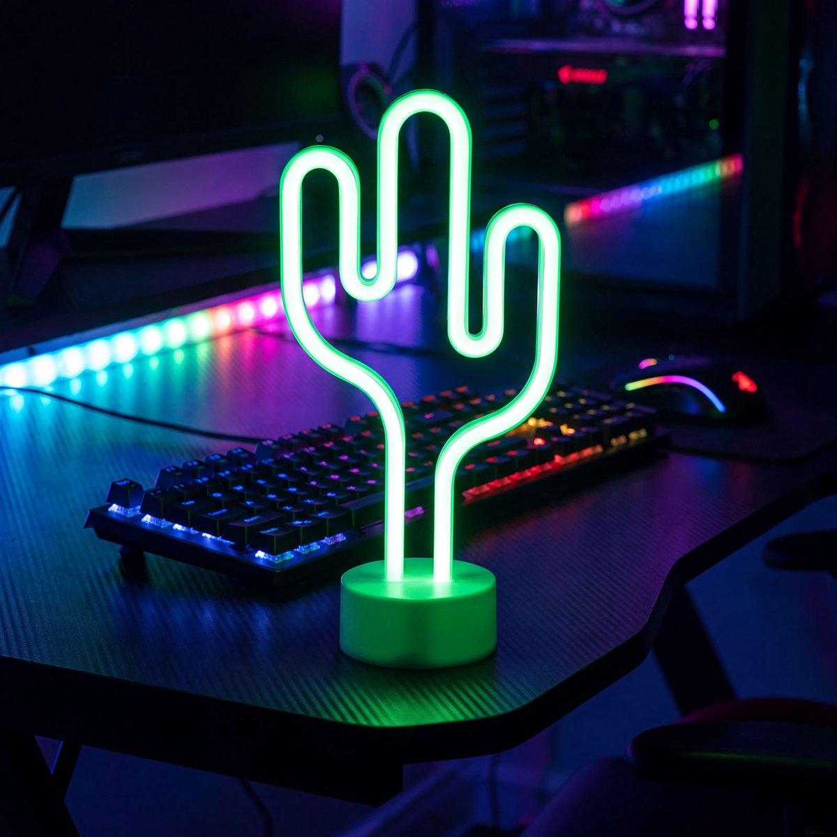 Nachtlamp Kind - Neon LED Cactus Lamp / Nachtlamp Kinderkamer - Groen - Werkt Op 3x AA Batterijen Of USB - Ingebouwde LED 2835 - 120 LEDs - Max. 2 W - IP20 - Aan/Uit Schakelaar - 1 m USB-Kabel Meegeleverd [43996C]