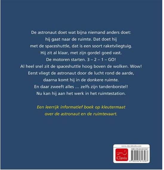 Boekcover met tekst over een astronaut in de ruimte, met de titel 'Beroepenreeks - De astronaut'.
