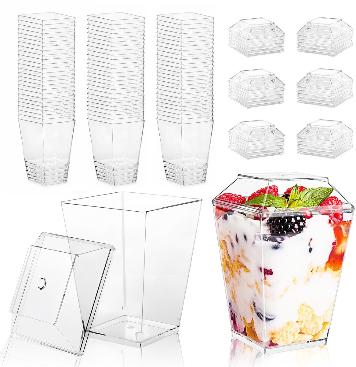 SolidKeus - Set van 100 Herbruikbare Plastic Dessertbekers met Deksel