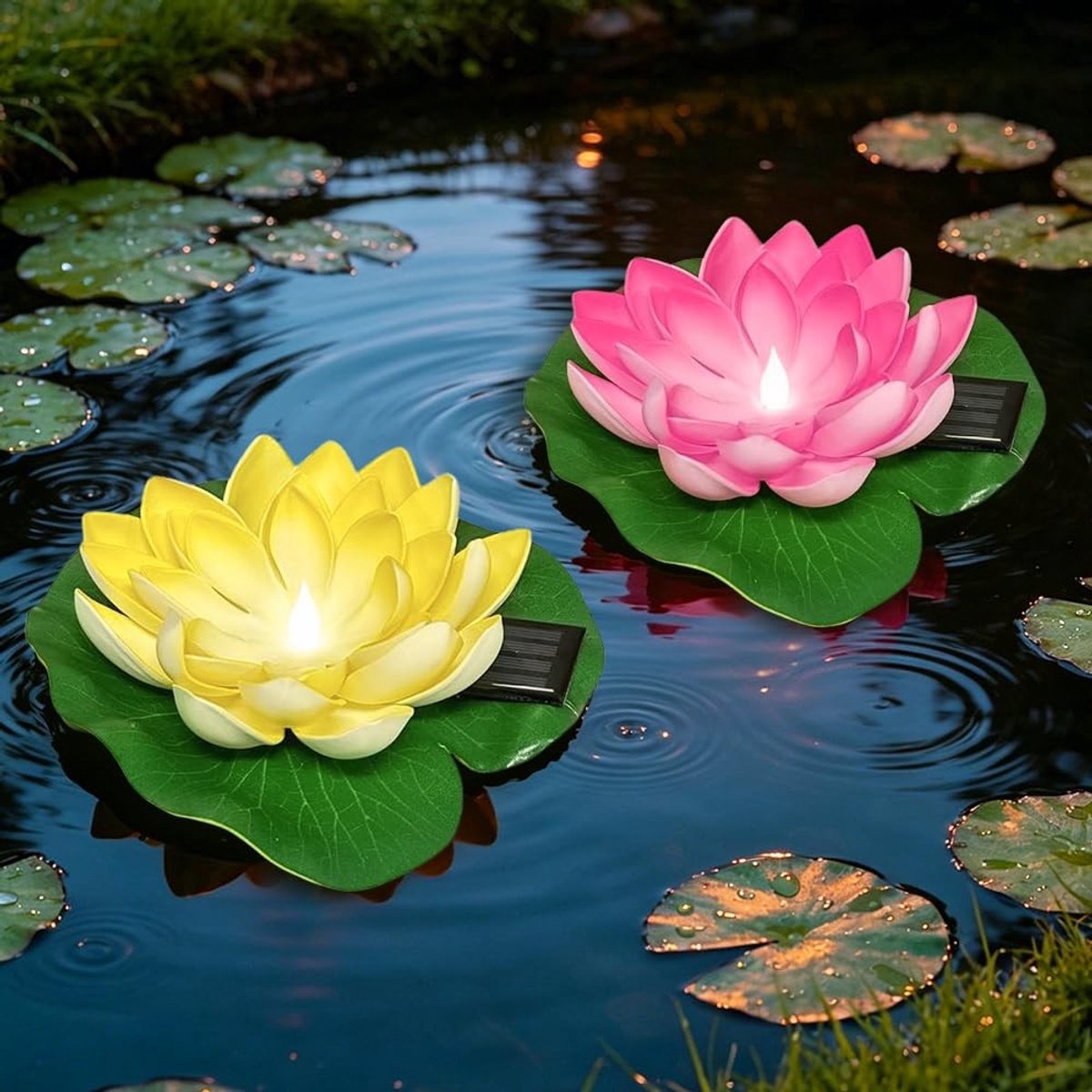 SolidKeus - 2 Stuks Kunstmatige Waterlelies met Solarverlichting voor Buiten